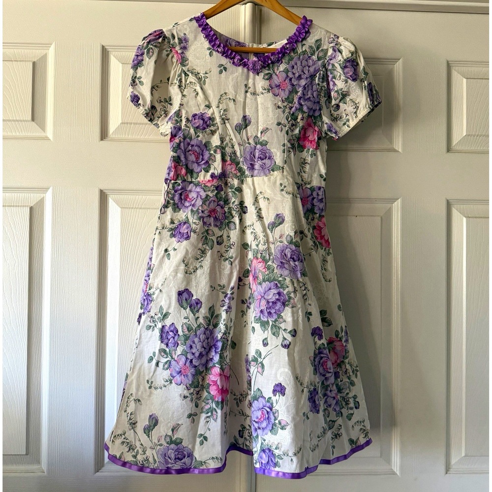 Vintage SWAT Girls Dress Sz 12 Purple Floral Cotton Puff Sleeve Cottagecore USA